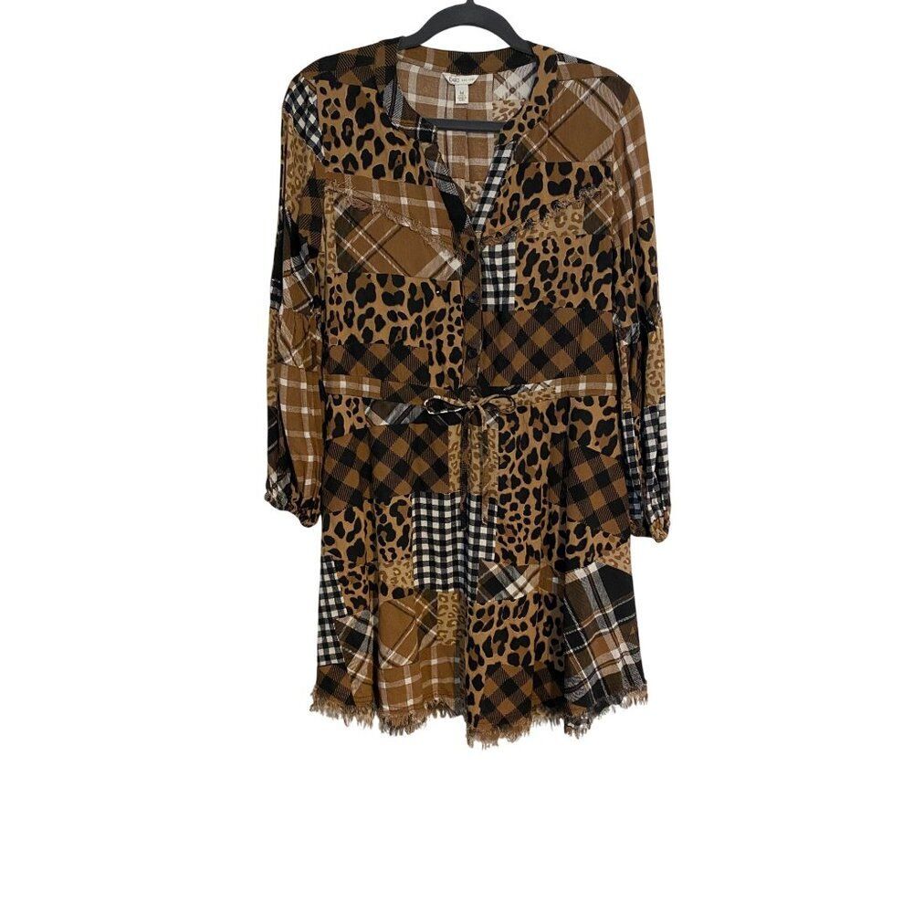 Cato Women’s M Tunic Dress Patchwork Plaid & Leopard Print Frayed Hem Boho Artsy - Picture 1 of 14